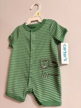 Carter's Green & White Striped Lion Short-Sleeve One-Piece